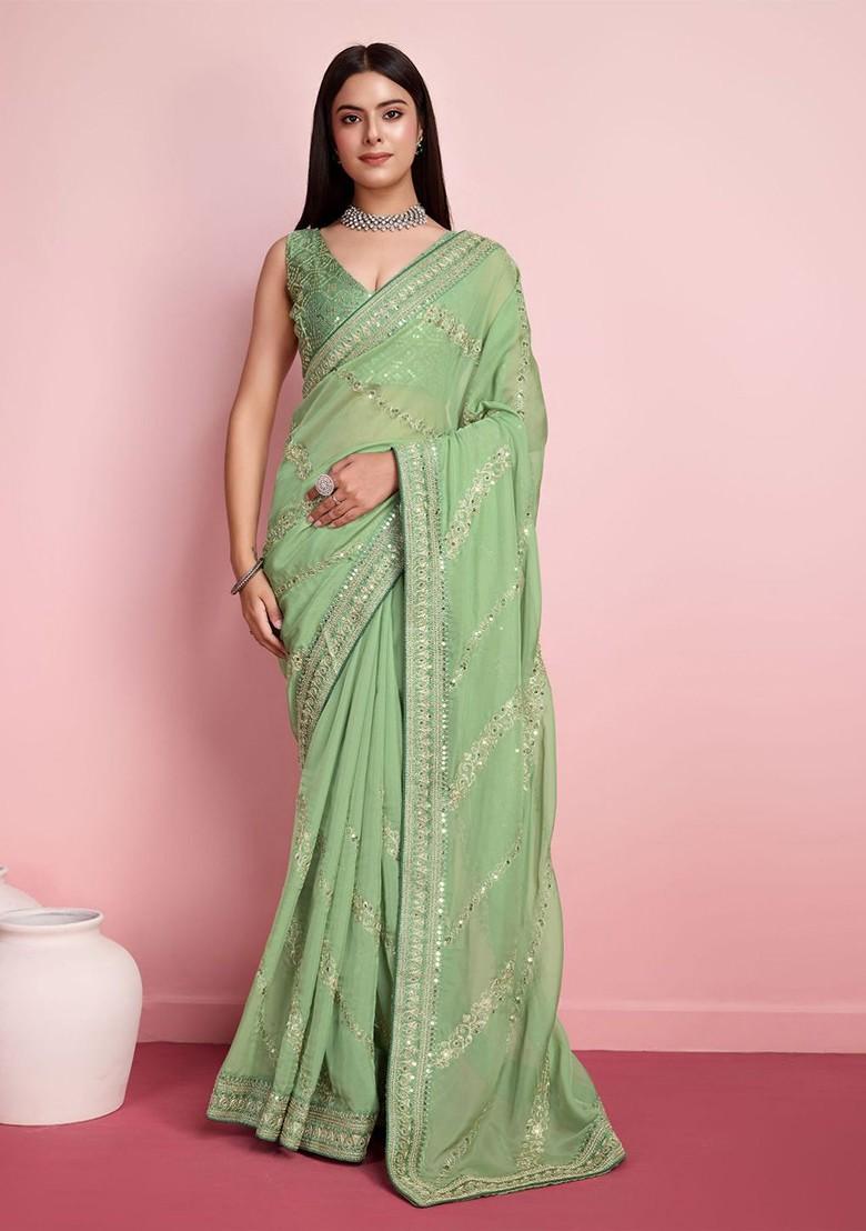 Olive Green Embroidered Poly Blend Saree Set With Blouse