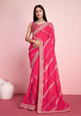 Pink Embellished Poly Blend Saree Set With Blouse