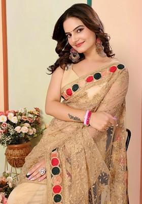 Beige Embroidered Poly Blend Saree Set With Blouse