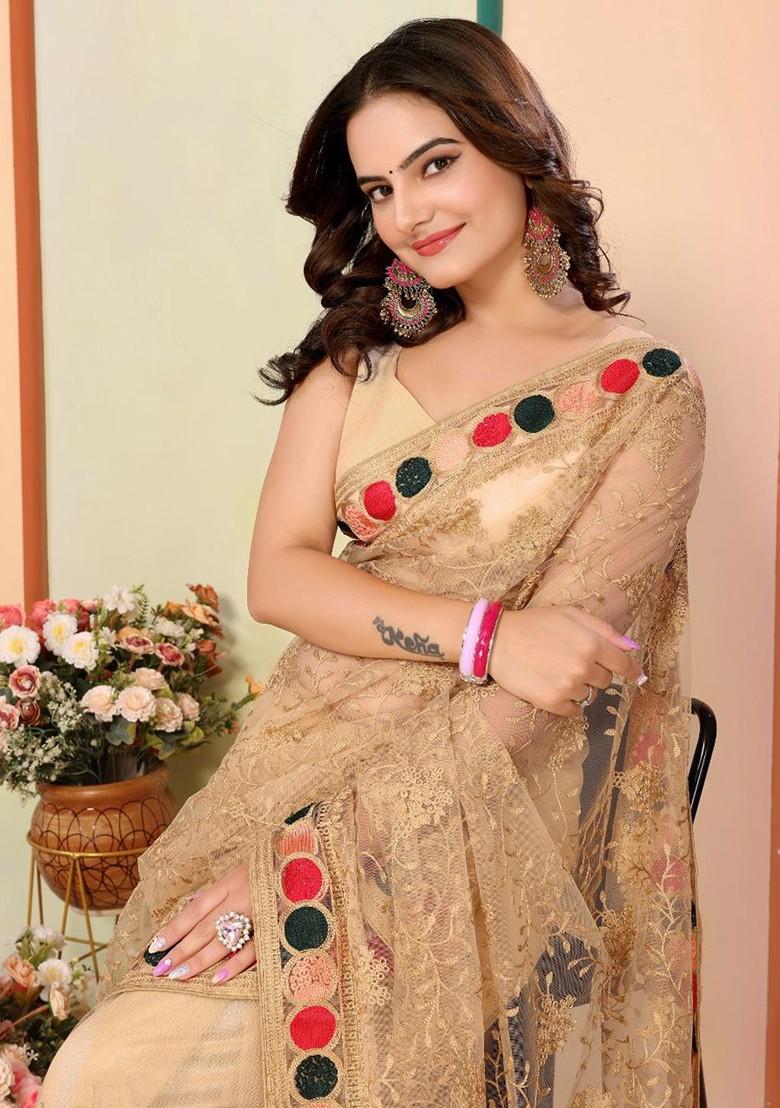 Beige Embroidered Poly Blend Saree Set With Blouse