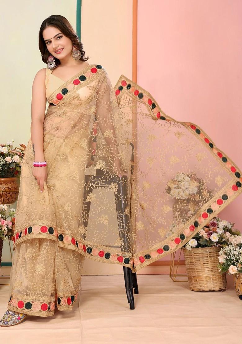 Beige Embroidered Poly Blend Saree Set With Blouse