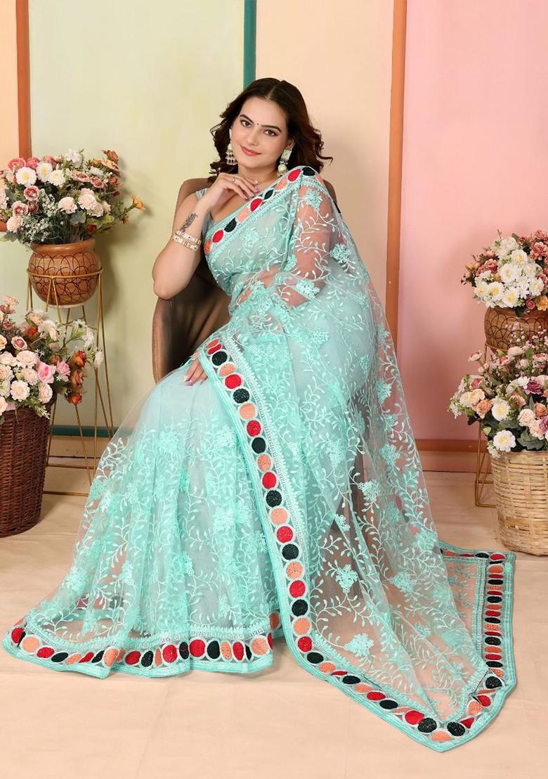 Turquoise Blue Embroidered Poly Blend Saree Set With Blouse