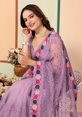 Purple Embroidered Poly Blend Saree Set With Blouse
