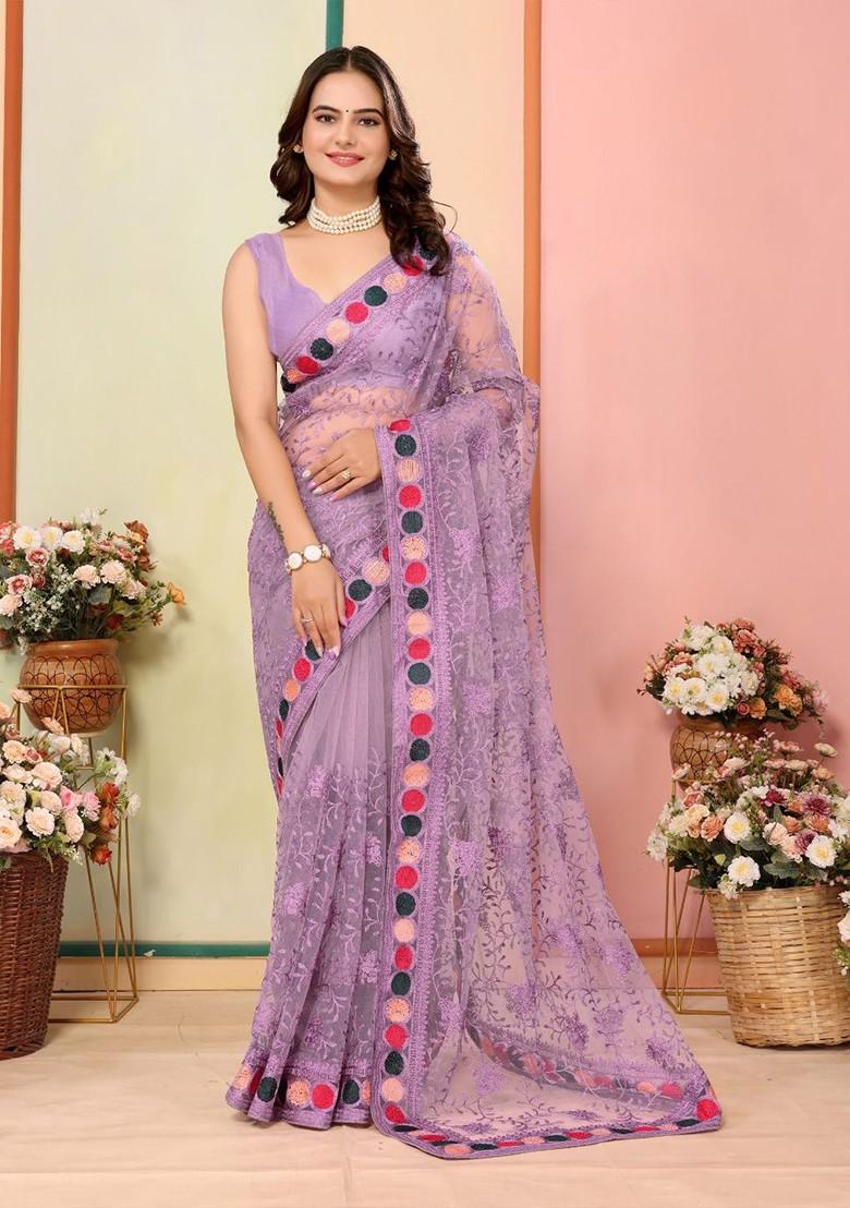 Purple Embroidered Poly Blend Saree Set With Blouse