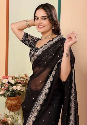 Black Embellished Poly Blend Saree Set With Blouse