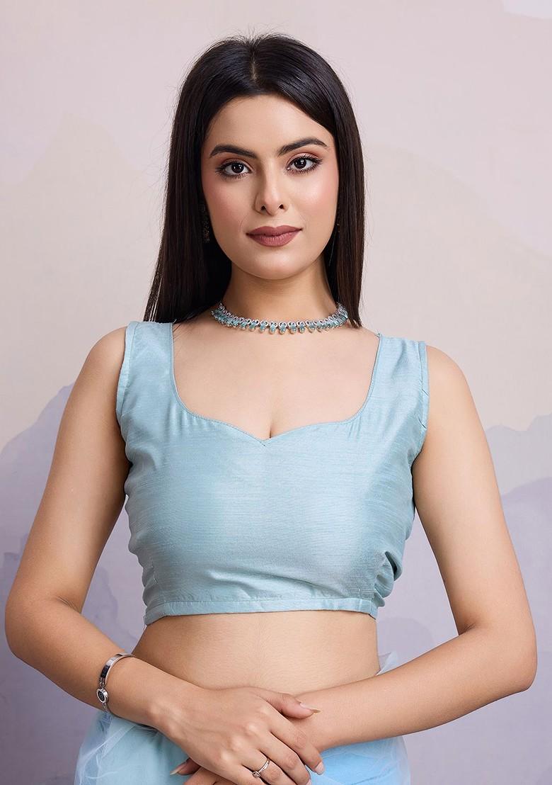 Turquoise Blue Embroidered Poly Blend Saree Set With Blouse