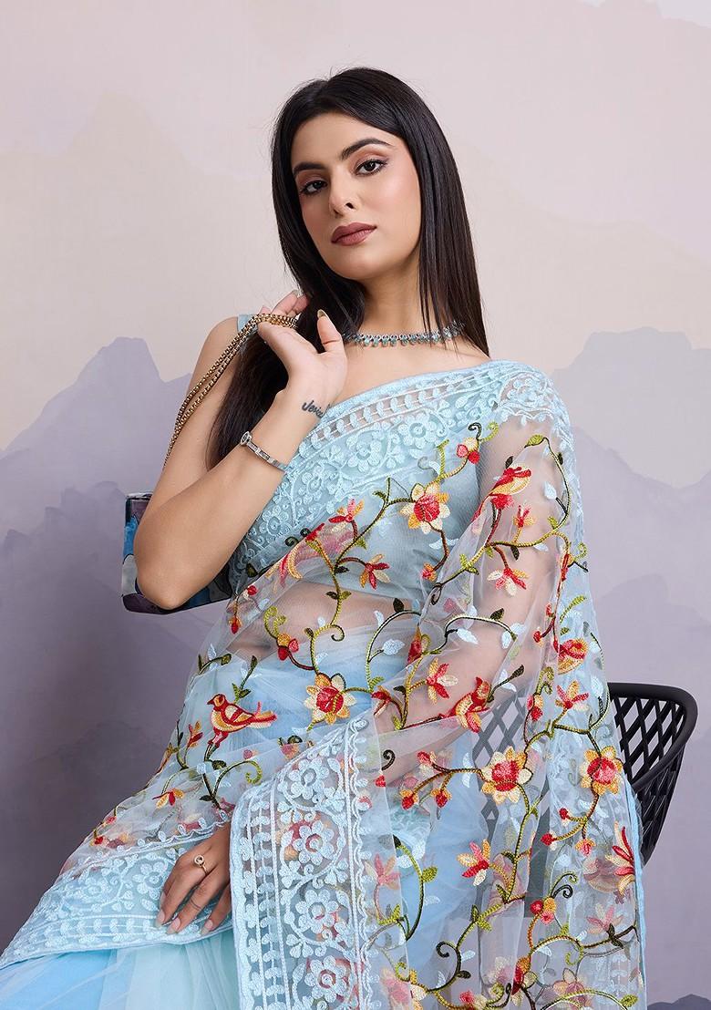 Turquoise Blue Embroidered Poly Blend Saree Set With Blouse