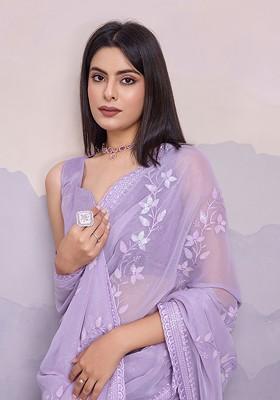 Lavender Embellished Poly Blend Saree Set With Blouse