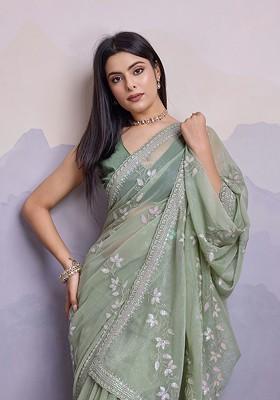 Turquoise Blue Embroidered Poly Blend Saree Set With Blouse