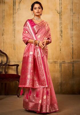 Pink Woven Design Poly Blend Saree Set With Blouse