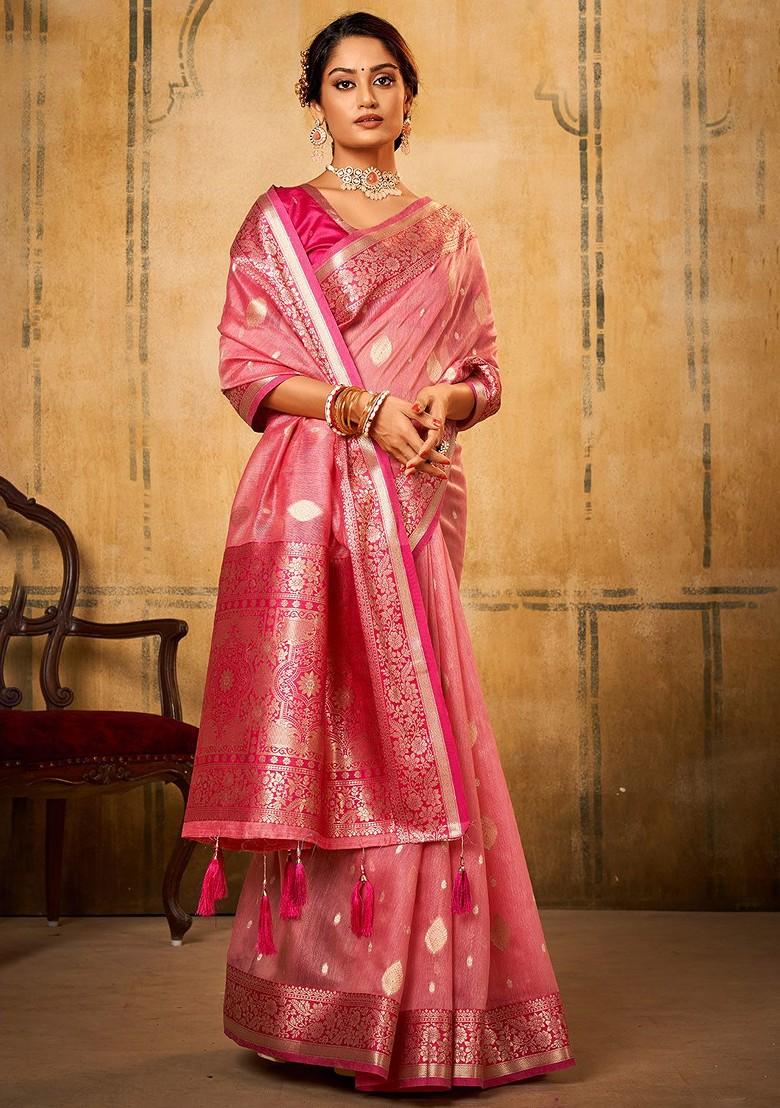 Pink Woven Design Poly Blend Saree Set With Blouse