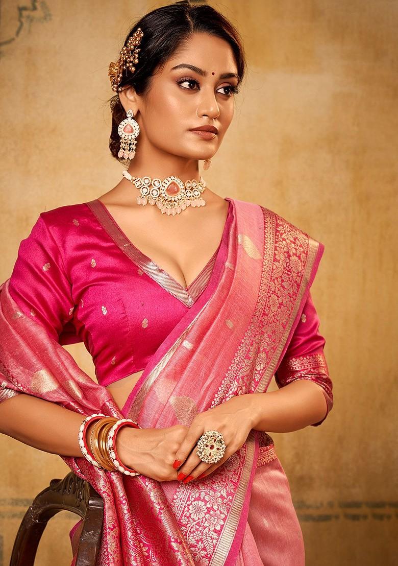 Pink Woven Design Poly Blend Saree Set With Blouse