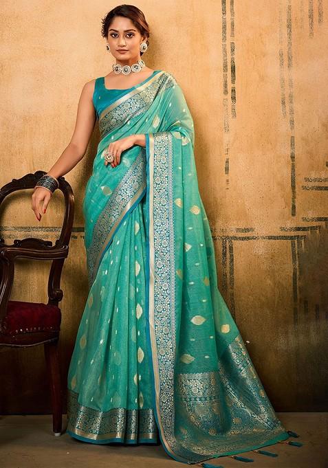Green Woven Design Poly Blend Saree Set With Blouse