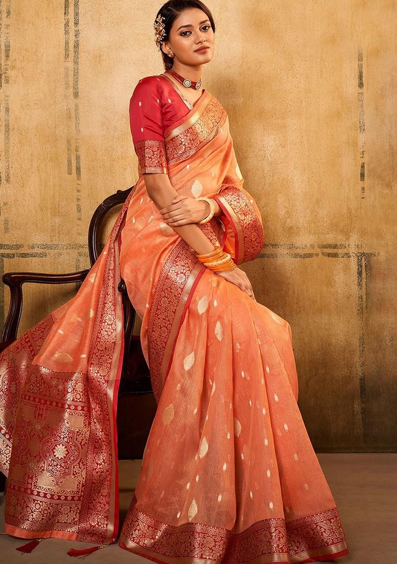 Orange Woven Design Poly Blend Saree Set With Blouse