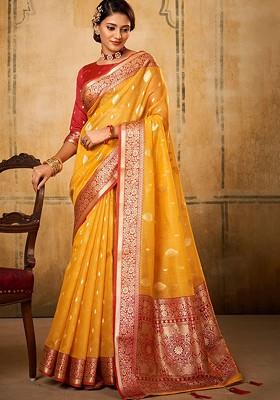 Yellow Woven Design Poly Blend Saree Set With Blouse