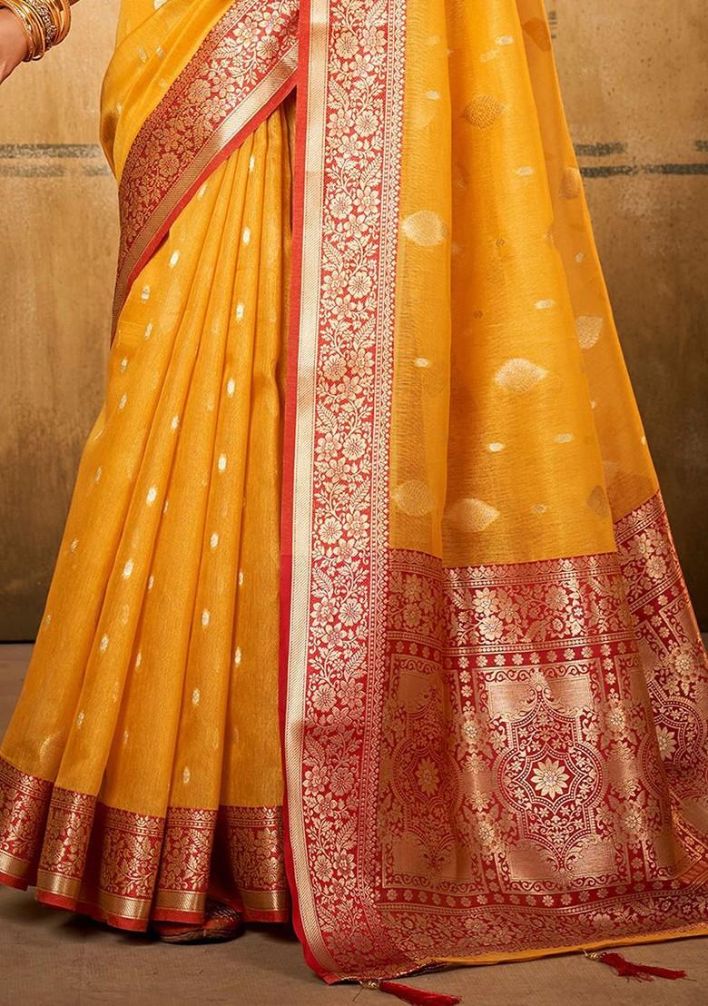 Yellow Woven Design Poly Blend Saree Set With Blouse
