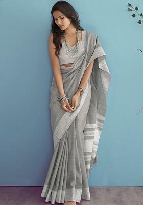 Grey Embroidered Poly Blend Saree Set With Blouse