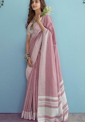 Pink Embroidered Poly Blend Saree Set With Blouse