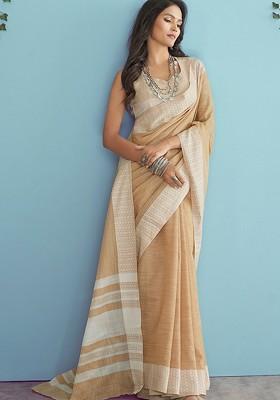Beige Woven Design Poly Blend Saree Set With Blouse