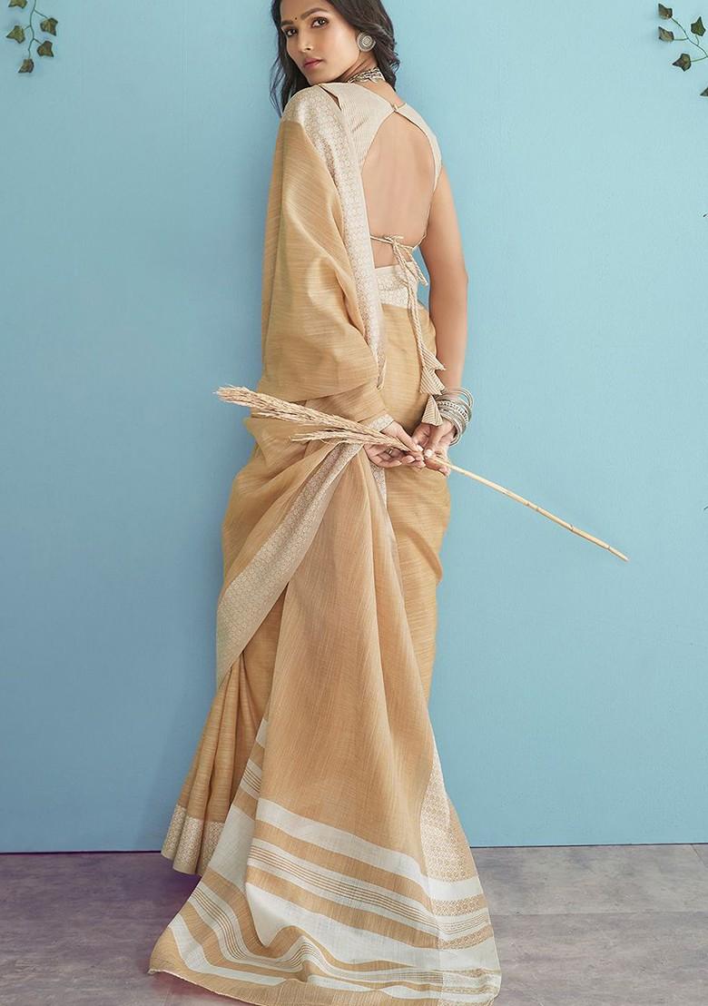 Beige Woven Design Poly Blend Saree Set With Blouse