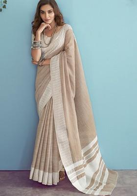 Brown Embroidered Poly Blend Saree Set With Blouse