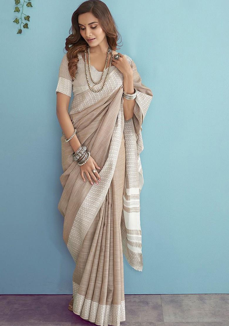 Brown Embroidered Poly Blend Saree Set With Blouse