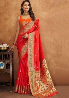 Red Woven Design Poly Blend Saree Set With Blouse