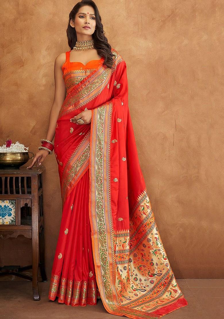 Red Woven Design Poly Blend Saree Set With Blouse