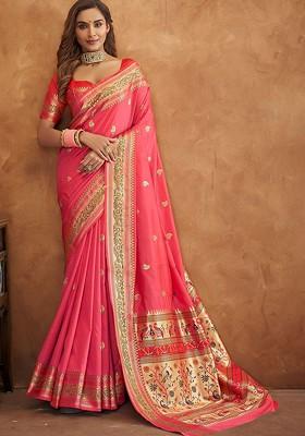 Pink Woven Design Poly Blend Saree Set With Blouse