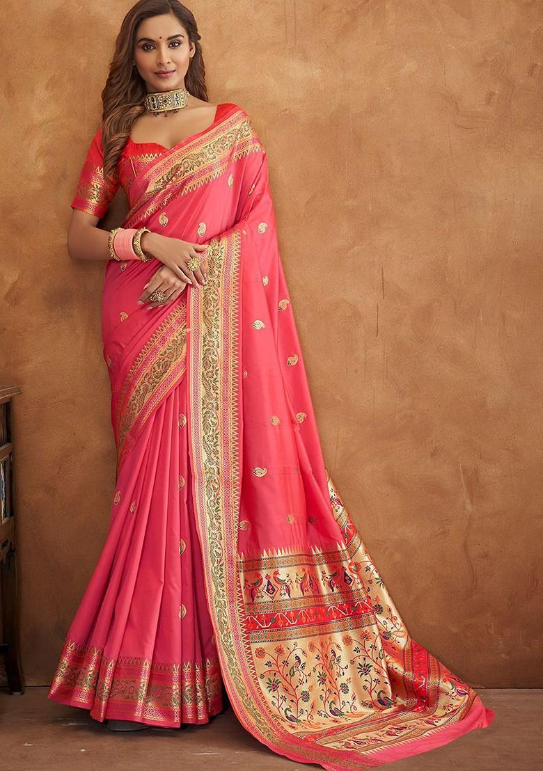 Pink Woven Design Poly Blend Saree Set With Blouse