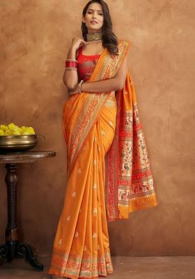 Yellow Woven Design Poly Blend Saree Set With Blouse