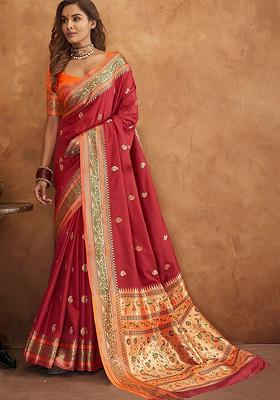 Maroon Woven Design Poly Blend Saree Set With Blouse