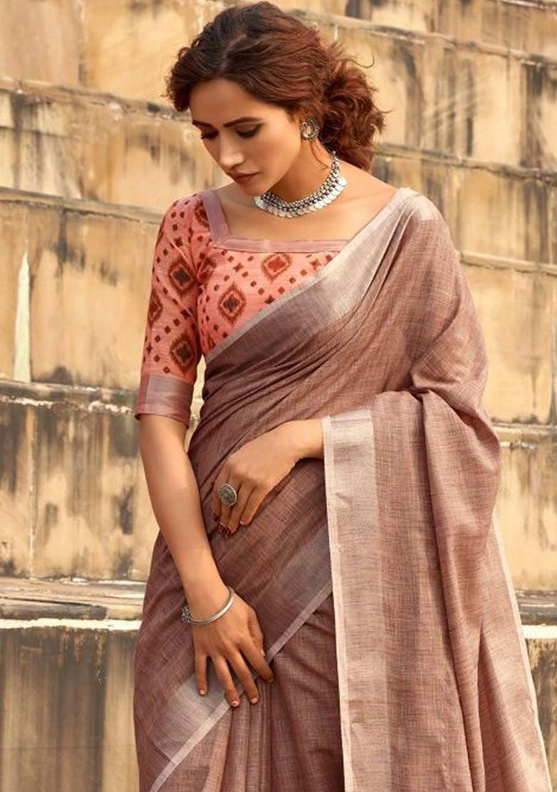Brown Embroidered Poly Blend Saree Set With Blouse