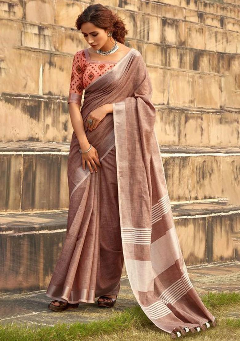 Brown Embroidered Poly Blend Saree Set With Blouse