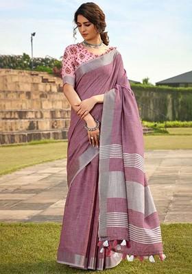 Purple Embroidered Poly Blend Saree Set With Blouse