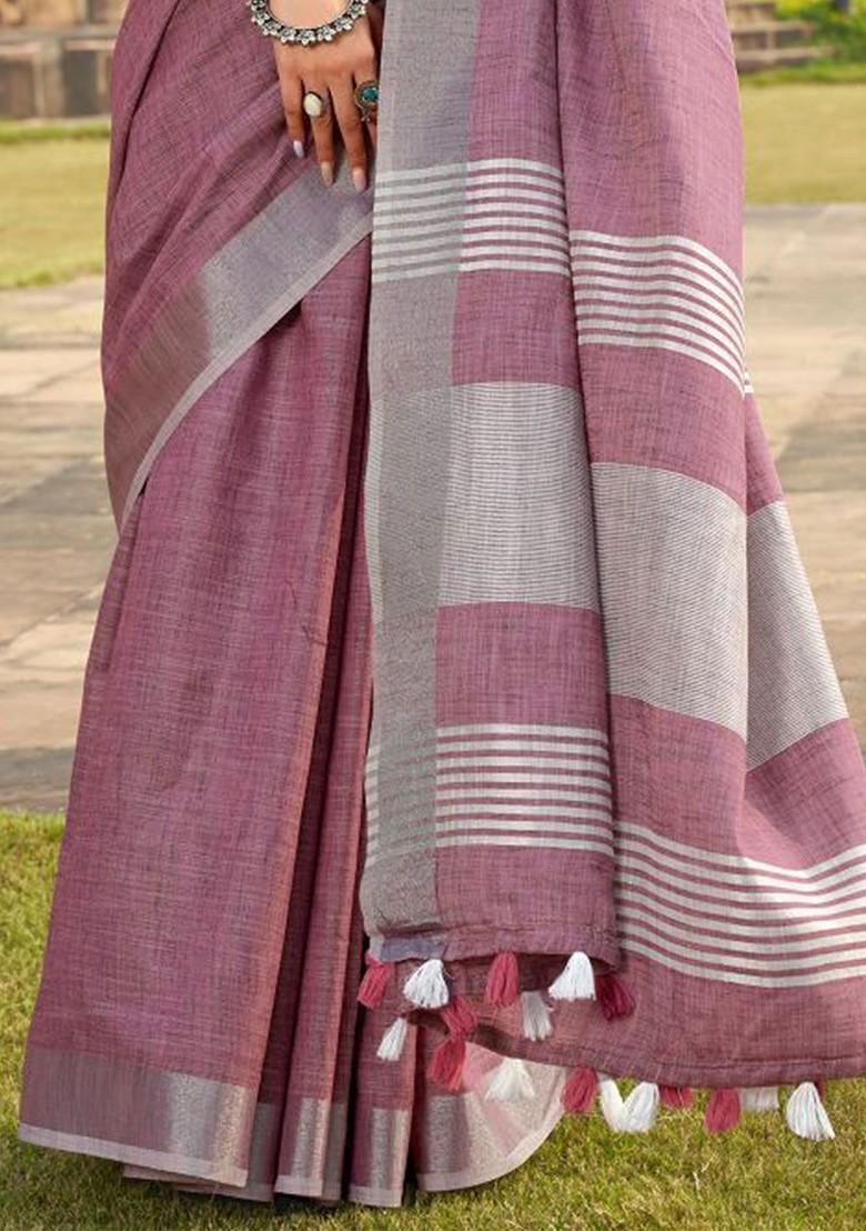 Purple Embroidered Poly Blend Saree Set With Blouse