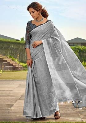 Grey Embroidered Poly Blend Saree Set With Blouse