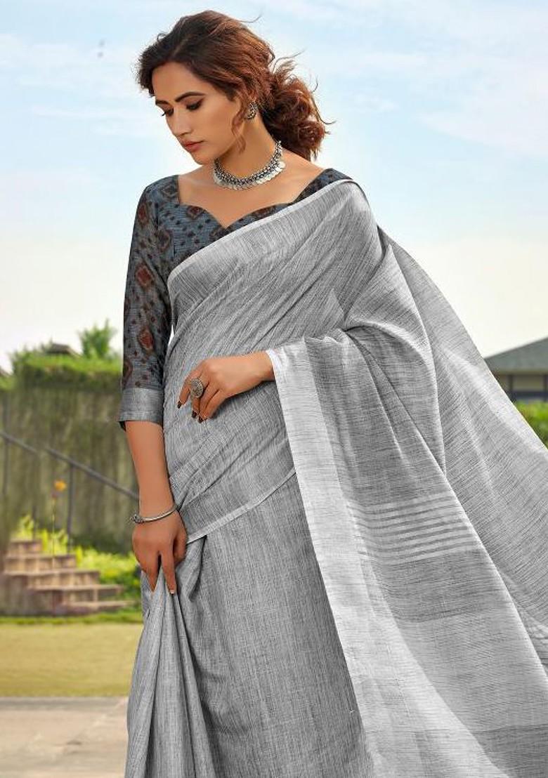 Grey Embroidered Poly Blend Saree Set With Blouse