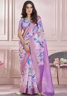 Purple Embroidered Poly Blend Saree Set With Blouse