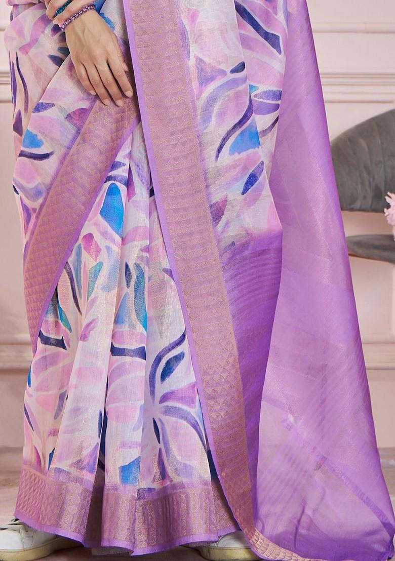 Purple Embroidered Poly Blend Saree Set With Blouse