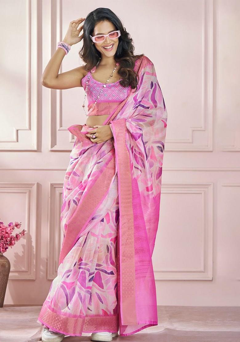 Pink Embroidered Poly Blend Saree Set With Blouse