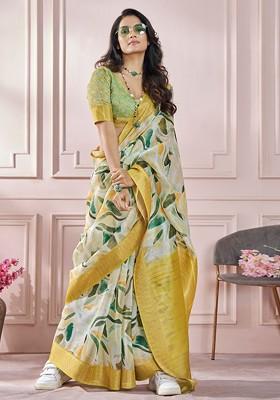 Mustard Yellow Embroidered Poly Blend Saree Set With Blouse