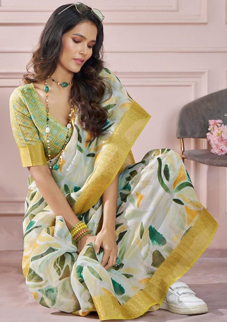 Mustard Yellow Embroidered Poly Blend Saree Set With Blouse