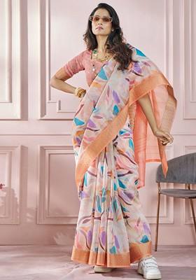 Orange Embroidered Poly Blend Saree Set With Blouse