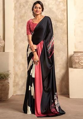 Black Embroidered Poly Blend Saree Set With Blouse