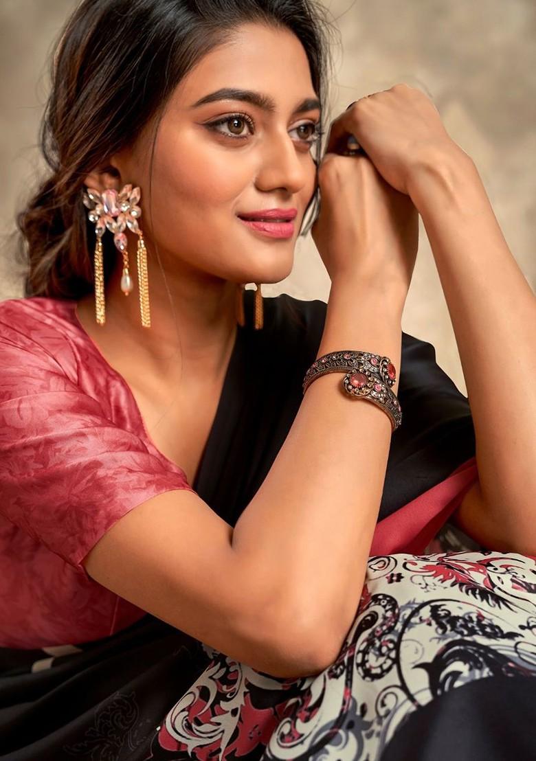 Black Embroidered Poly Blend Saree Set With Blouse