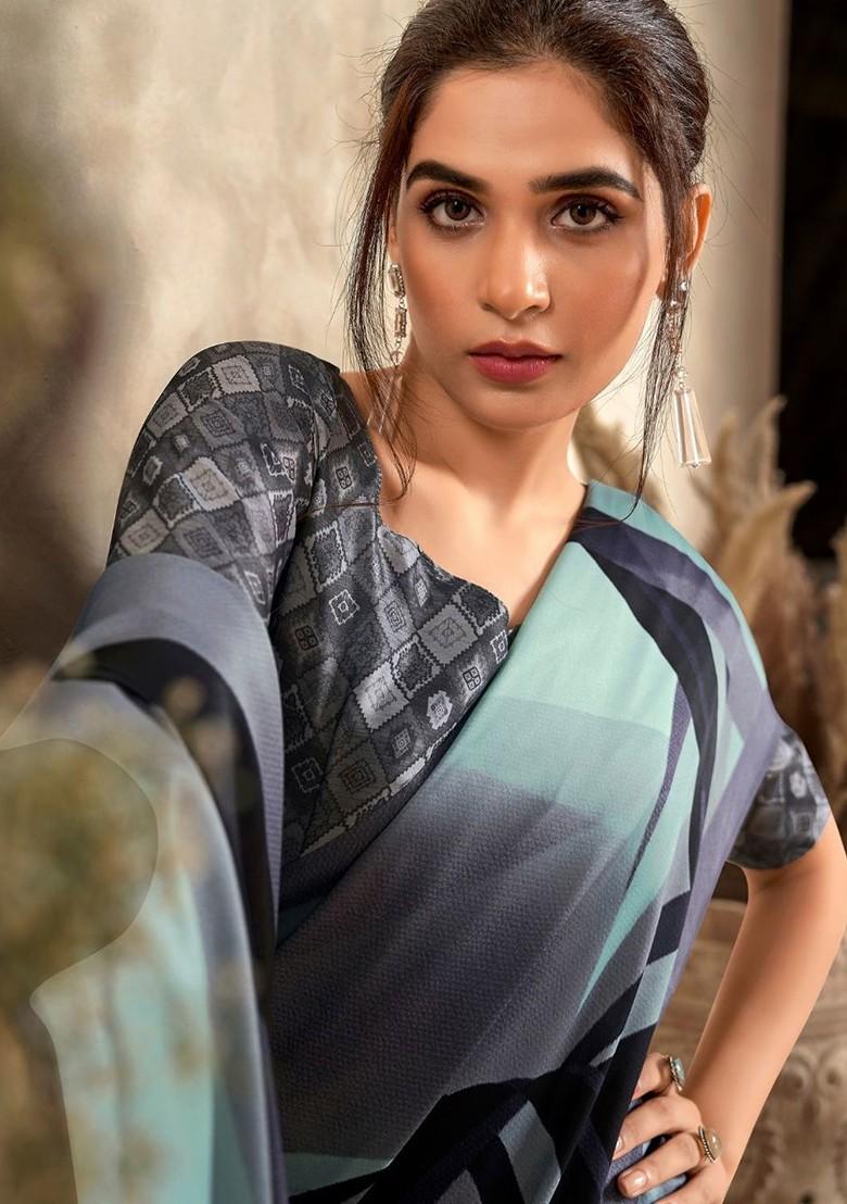 Black Embroidered Poly Blend Saree Set With Blouse