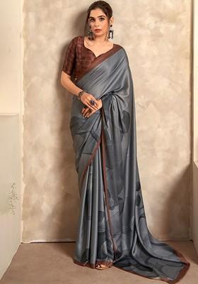 Grey Embroidered Poly Blend Saree Set With Blouse