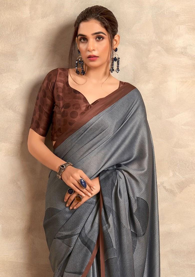 Grey Embroidered Poly Blend Saree Set With Blouse