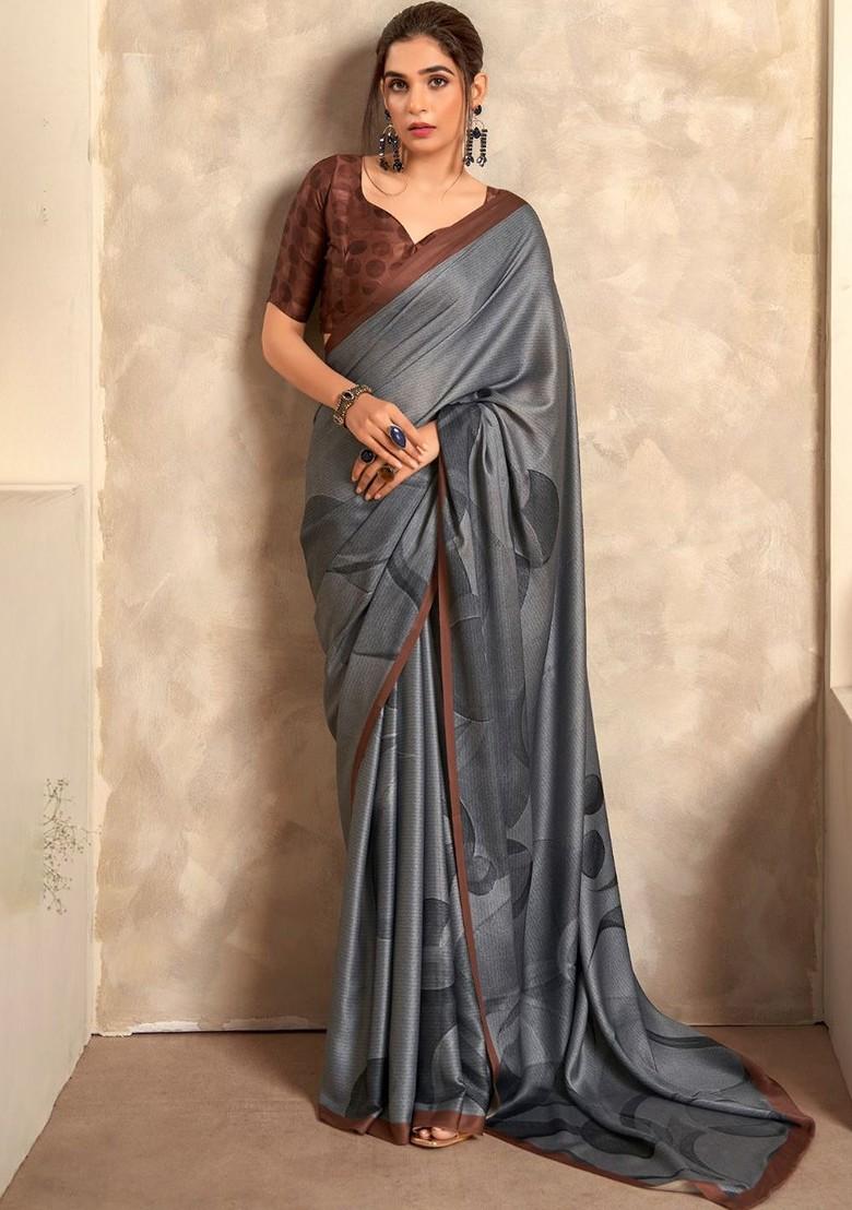 Grey Embroidered Poly Blend Saree Set With Blouse